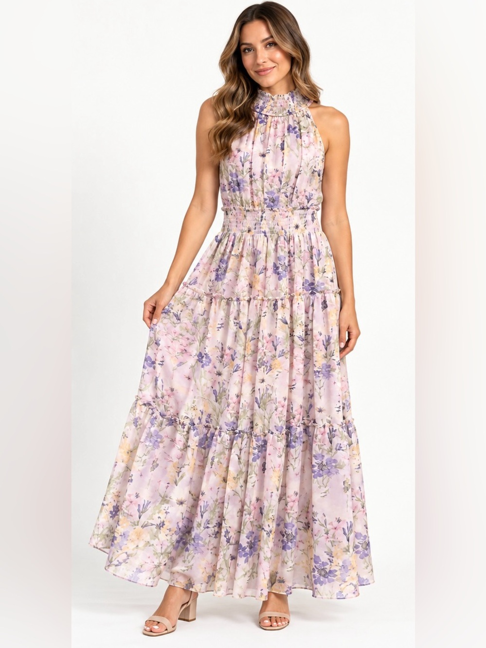 Taylor Floral Maxi Dress Size 6 Lavender Smocked Waist Halter Neck Tiered